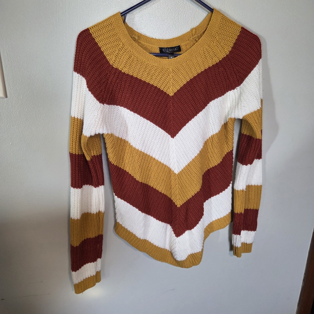 Chevron Knit Sweater in Burgundy, Mustard, and White